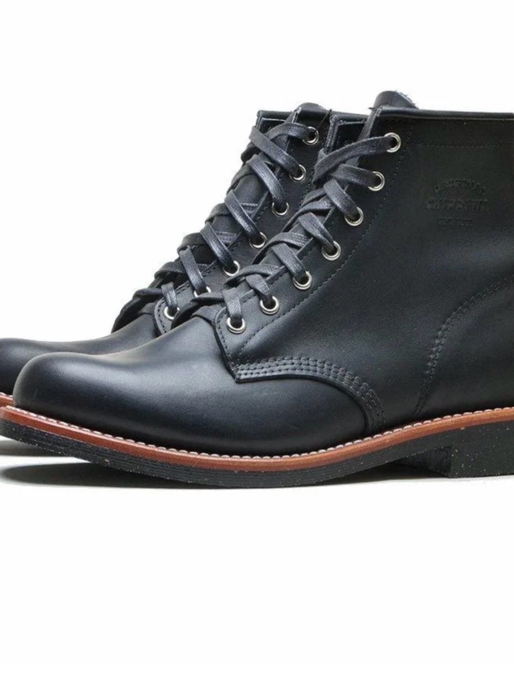 Chippewa Men's Black Leather Lace-Up Work Boots with Brown Welt